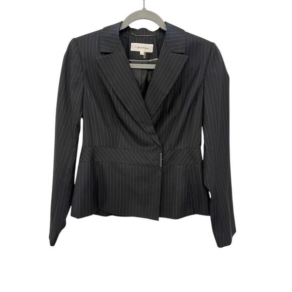 Calvin Klein Pinstripe Womens Peplum Blazer with Striking Clasp‎ Jacket Size 4 - Picture 1 of 8